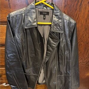 Q.U.E Leather Moto Jacket Black Zip Front Womens Size L